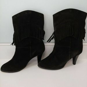 Vintage Black Suede Fringed Boots Booties …